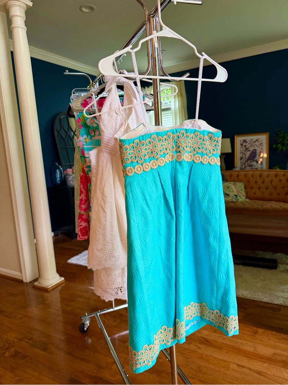 Lilly Pulitzer Turquoise Strapless Dress with Gold Trim - Picture 2 of 2